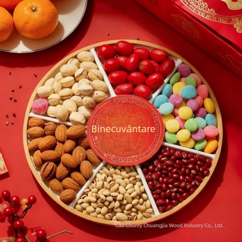 Tava circulară din lemn pentru fructe cu compartimente în grilă | Lemn solid | Stil modern minimalist | Create good