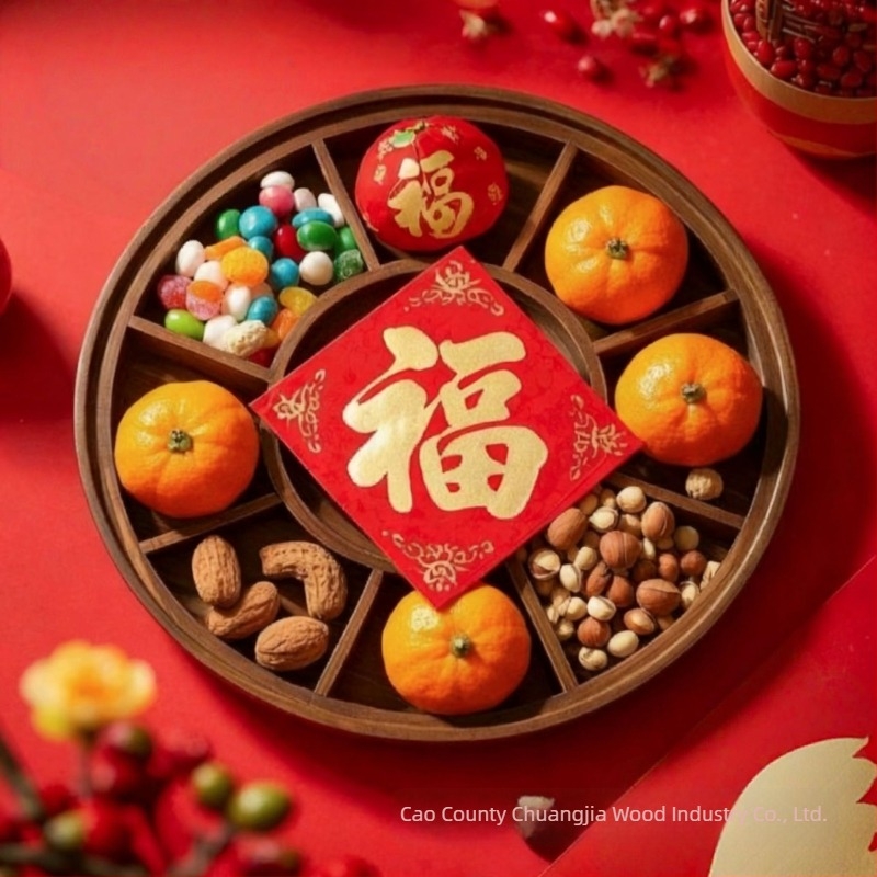 Tava circulară din lemn pentru fructe cu compartimente în grilă | Lemn solid | Stil modern minimalist | Create good