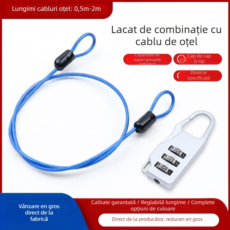 Lacăt cu cablu din oțel pentru biciclete și motociclete – Mecanic, Model: Steel Straight Cable+Password Lock, Material: oțel+PVC, Diametrul tijelor de blocare: 25 mm