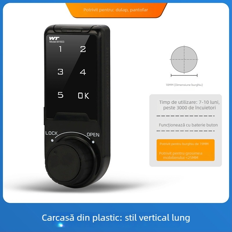 Verrou electronic cu parolă pentru mobilier: dulapuri și sertare, corp din aliaj de zinc, model 568, grosime tijă 18, stil modern minimalist