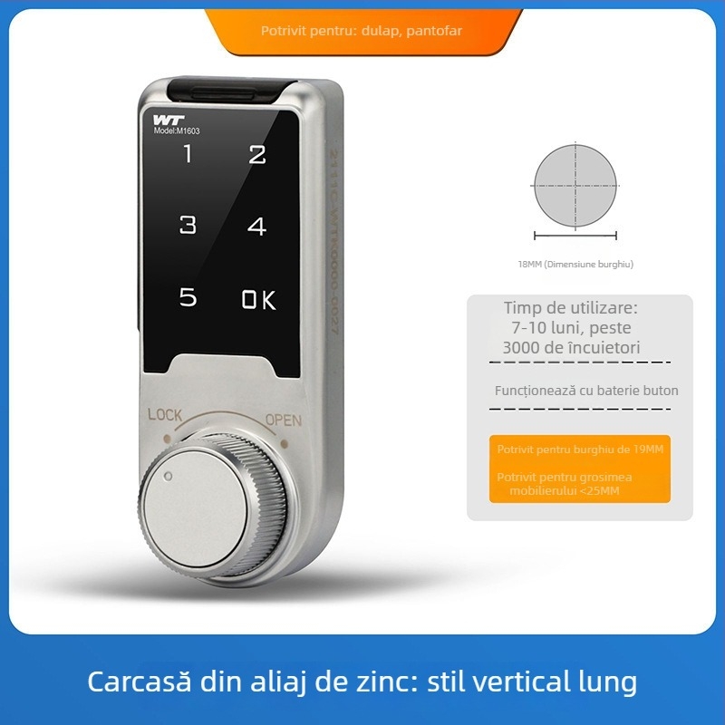 Verrou electronic cu parolă pentru mobilier: dulapuri și sertare, corp din aliaj de zinc, model 568, grosime tijă 18, stil modern minimalist