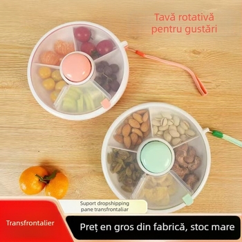 Cutie prânz rotativă circulară cu capac – cutie portabilă pentru gustări copii și farfurie rotativă pentru fructe, etanșă, plastic, stil modern simplu