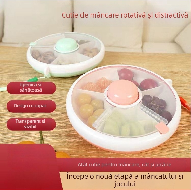 Cutie prânz rotativă circulară cu capac – cutie portabilă pentru gustări copii și farfurie rotativă pentru fructe, etanșă, plastic, stil modern simplu