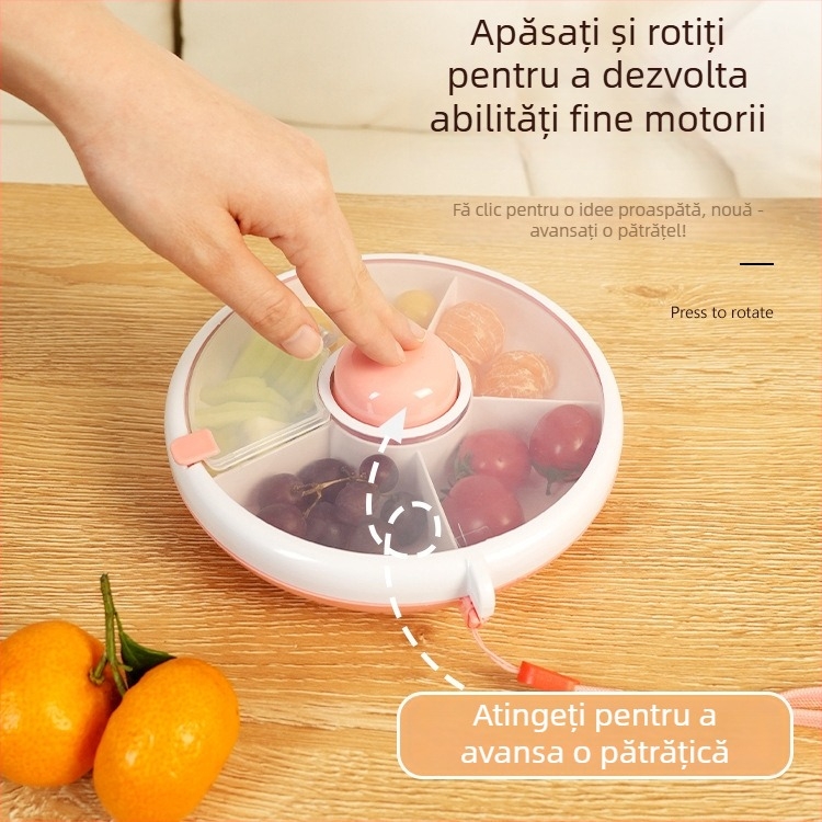 Cutie prânz rotativă circulară cu capac – cutie portabilă pentru gustări copii și farfurie rotativă pentru fructe, etanșă, plastic, stil modern simplu