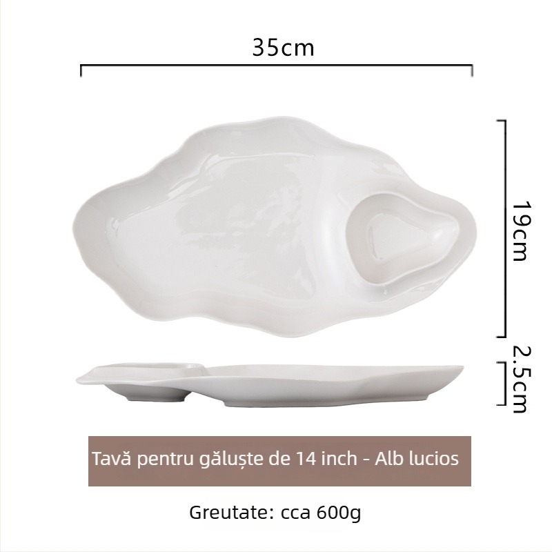 Farfurie pentru dumplings cu suport pentru oțet și grilă – ceramică, compatibilă cu microunde, culoare sub glazură, stil modern minimalist