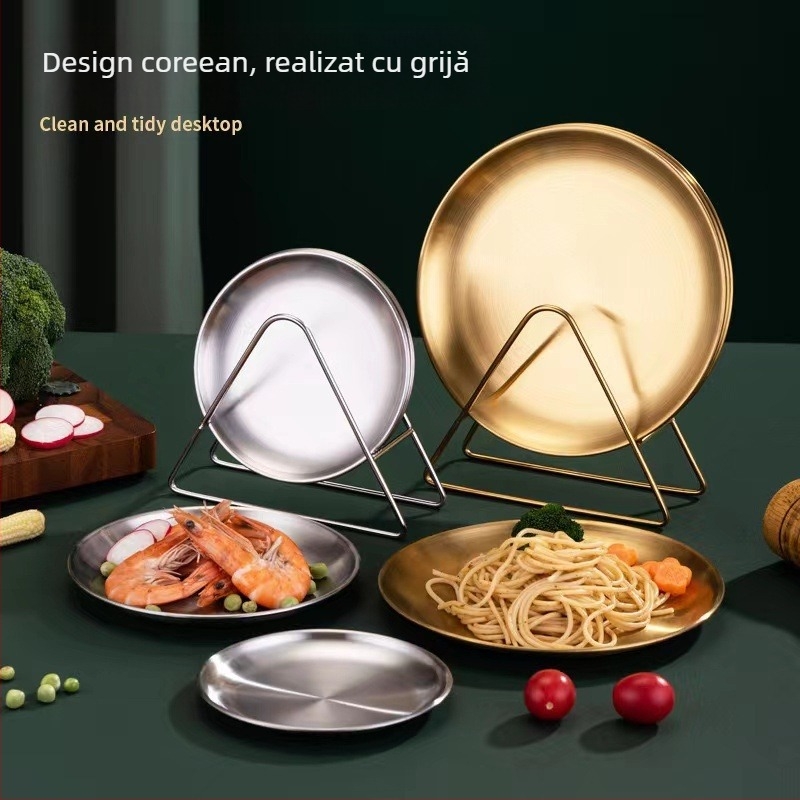 Tăviță de servire din oțel inoxidabil cu bază și raft de depozitare, farfurie rotundă și puțin adânc pentru fructe și gustări, compatibilă cu microunde, stil coreean, imprimare logo disponibil