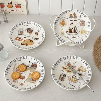 Vas de servire din porțelan cu finisaj subglazură, model desene animate, stil proaspăt, formă rotundă