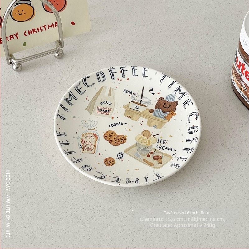 Vas de servire din porțelan cu finisaj subglazură, model desene animate, stil proaspăt, formă rotundă