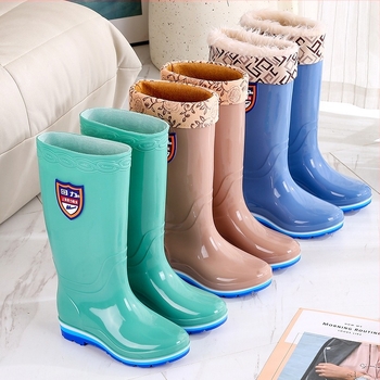 Cizme de ploaie pentru femei din PVC, căptușite cu fleece, înalte, impermeabile, pentru toate anotimpurile, talpă plată