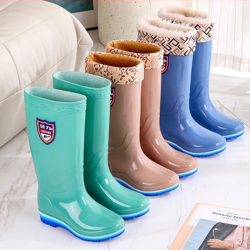 Cizme de ploaie pentru femei din PVC, căptușite cu fleece, înalte, impermeabile, pentru toate anotimpurile, talpă plată