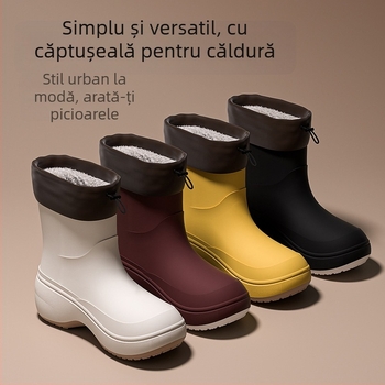Ghete de ploaie unisex pentru adulți, exterior PVC, înălțime scurtă, talpă groasă, toc mediu 3-5 cm, căptușeală din fleece