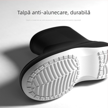 Ghete de ploaie unisex pentru adulți, exterior PVC, înălțime scurtă, talpă groasă, toc mediu 3-5 cm, căptușeală din fleece