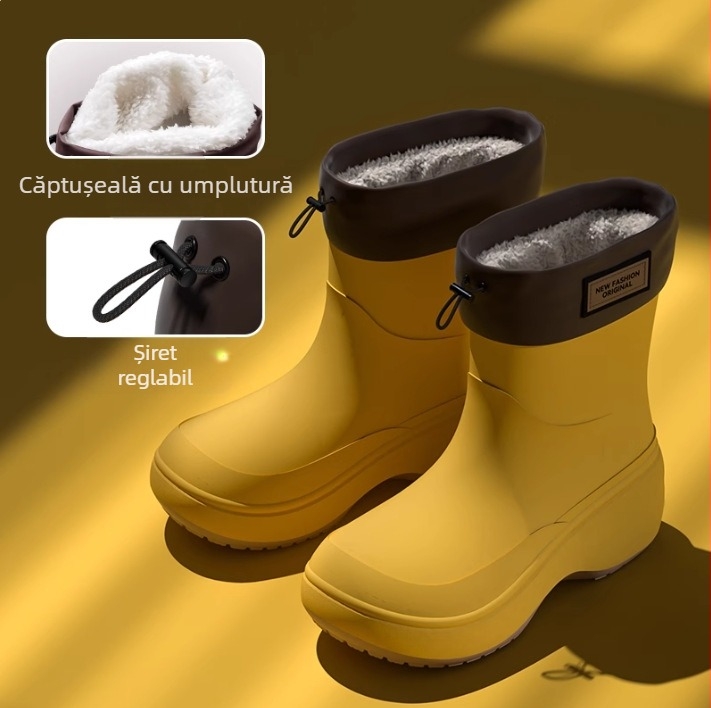 Ghete de ploaie unisex pentru adulți, exterior PVC, înălțime scurtă, talpă groasă, toc mediu 3-5 cm, căptușeală din fleece