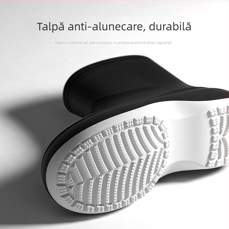 Ghete de ploaie unisex pentru adulți, exterior PVC, înălțime scurtă, talpă groasă, toc mediu 3-5 cm, căptușeală din fleece