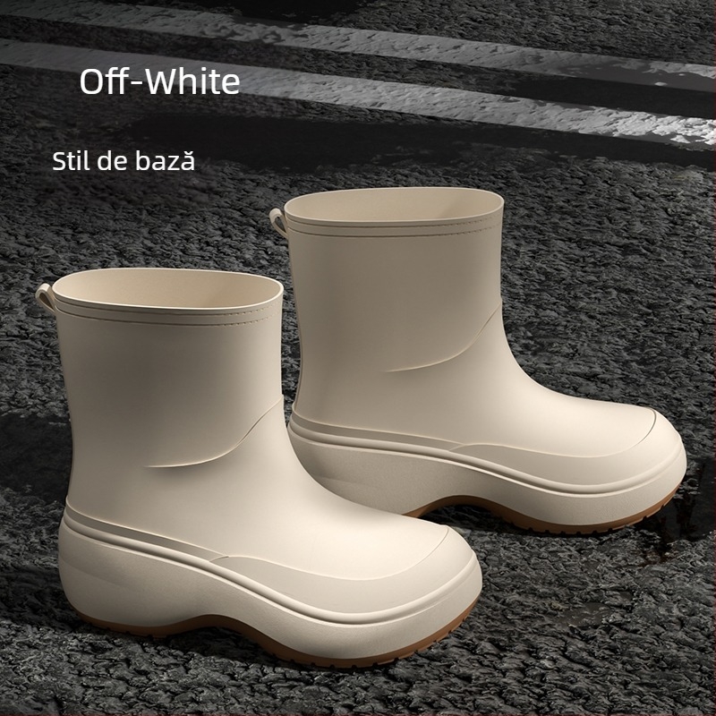 Ghete de ploaie unisex pentru adulți, exterior PVC, înălțime scurtă, talpă groasă, toc mediu 3-5 cm, căptușeală din fleece