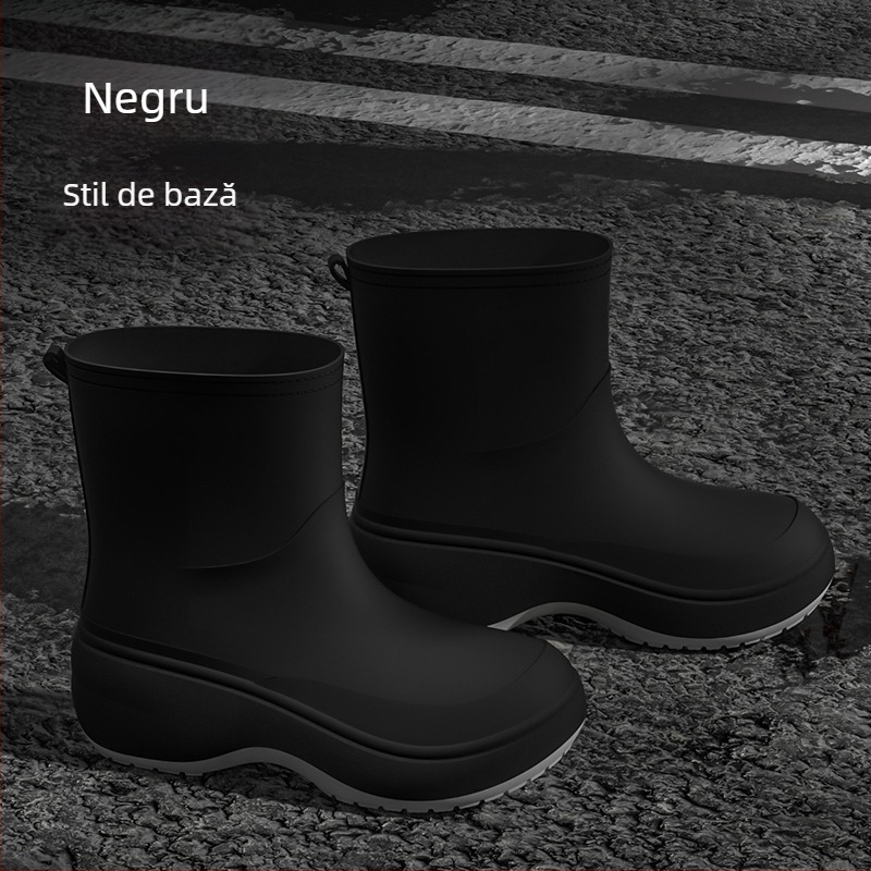 Ghete de ploaie unisex pentru adulți, exterior PVC, înălțime scurtă, talpă groasă, toc mediu 3-5 cm, căptușeală din fleece