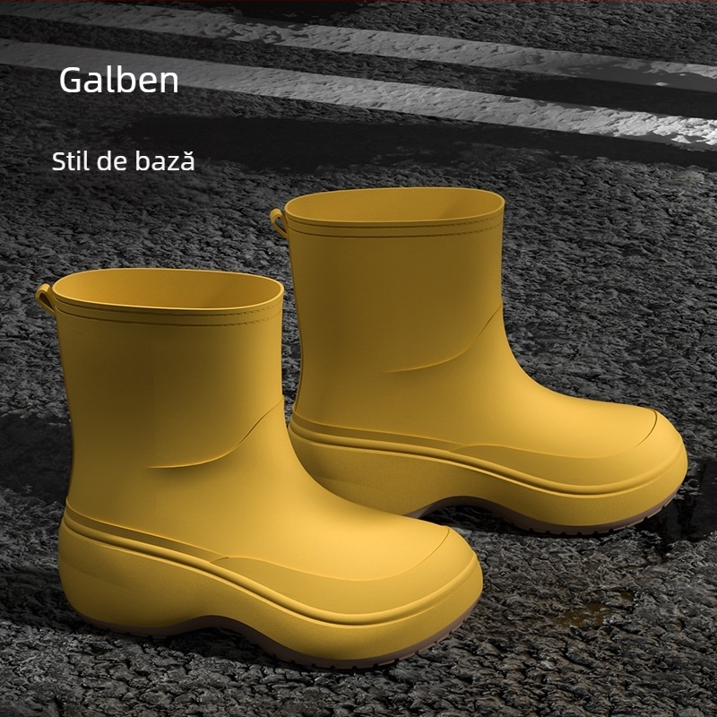 Ghete de ploaie unisex pentru adulți, exterior PVC, înălțime scurtă, talpă groasă, toc mediu 3-5 cm, căptușeală din fleece