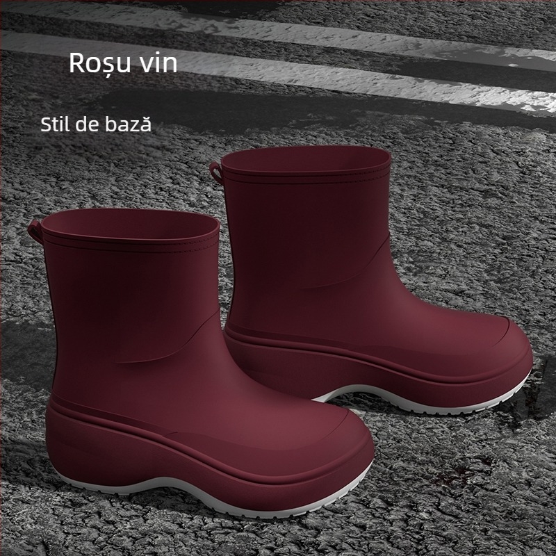 Ghete de ploaie unisex pentru adulți, exterior PVC, înălțime scurtă, talpă groasă, toc mediu 3-5 cm, căptușeală din fleece