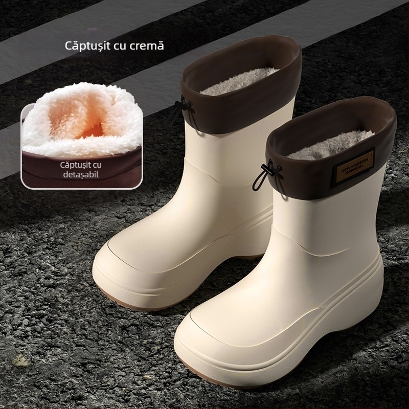 Ghete de ploaie unisex pentru adulți, exterior PVC, înălțime scurtă, talpă groasă, toc mediu 3-5 cm, căptușeală din fleece