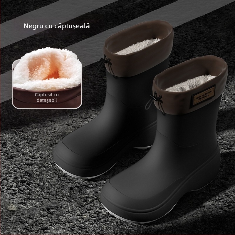 Ghete de ploaie unisex pentru adulți, exterior PVC, înălțime scurtă, talpă groasă, toc mediu 3-5 cm, căptușeală din fleece