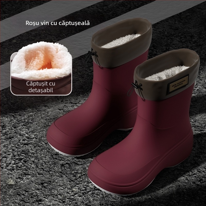 Ghete de ploaie unisex pentru adulți, exterior PVC, înălțime scurtă, talpă groasă, toc mediu 3-5 cm, căptușeală din fleece