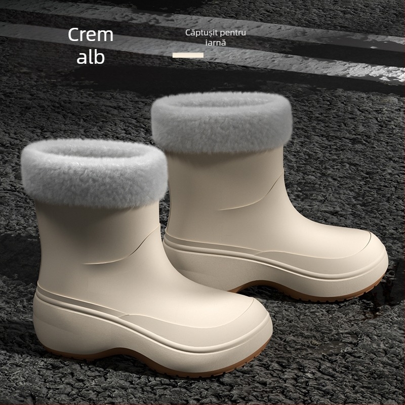 Ghete de ploaie unisex pentru adulți, exterior PVC, înălțime scurtă, talpă groasă, toc mediu 3-5 cm, căptușeală din fleece