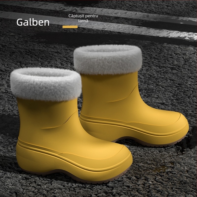 Ghete de ploaie unisex pentru adulți, exterior PVC, înălțime scurtă, talpă groasă, toc mediu 3-5 cm, căptușeală din fleece