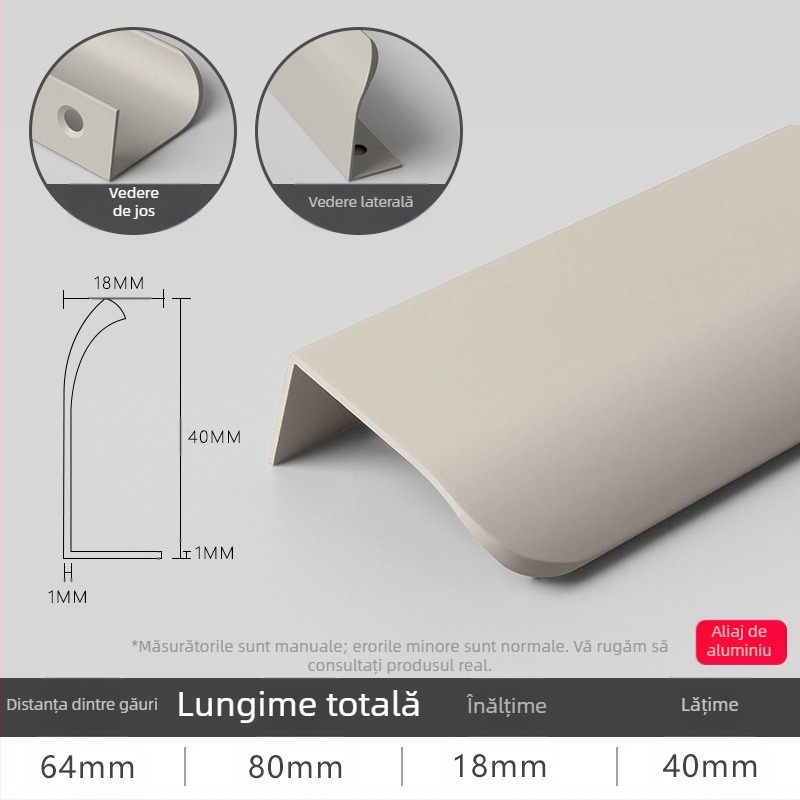 Mâner curbat de 40 mm, design minimalist ascuns, alb cald, gri cașmir Egger, pentru garderobă, dulap și sertar