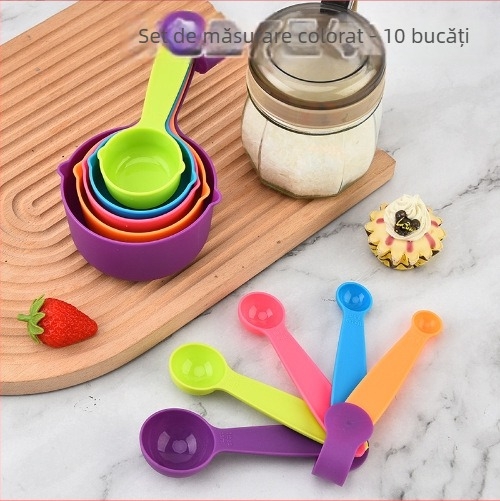 Set plastic de măsurat cupe și linguri, 10 bucăți, gravat și reglabil pentru coacere