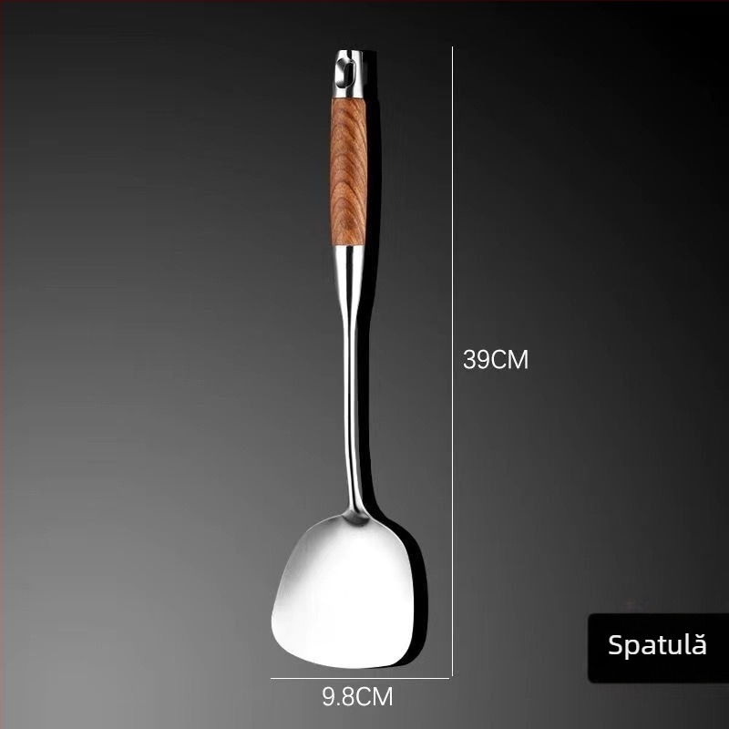 Set de spatule din oțel inoxidabil 316, rezistent la temperaturi înalte, cu mâner izolat; include spatulă, lingură și strecurător