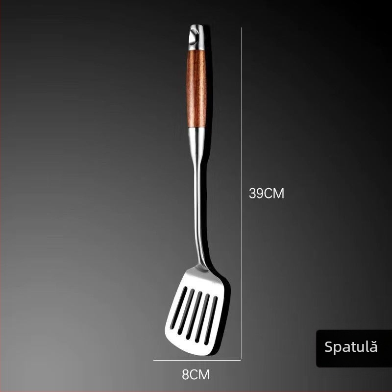 Set de spatule din oțel inoxidabil 316, rezistent la temperaturi înalte, cu mâner izolat; include spatulă, lingură și strecurător