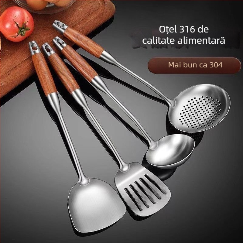 Set de spatule din oțel inoxidabil 316, rezistent la temperaturi înalte, cu mâner izolat; include spatulă, lingură și strecurător