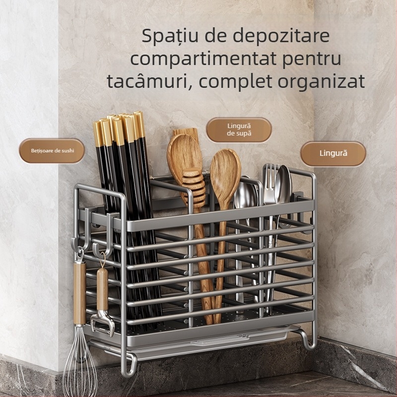 Cutie de depozitare pentru bețișoare și tacâmuri montată pe perete — ABS plastic, raft de drenaj bucătărie, organizator pentru bețișoare și linguri