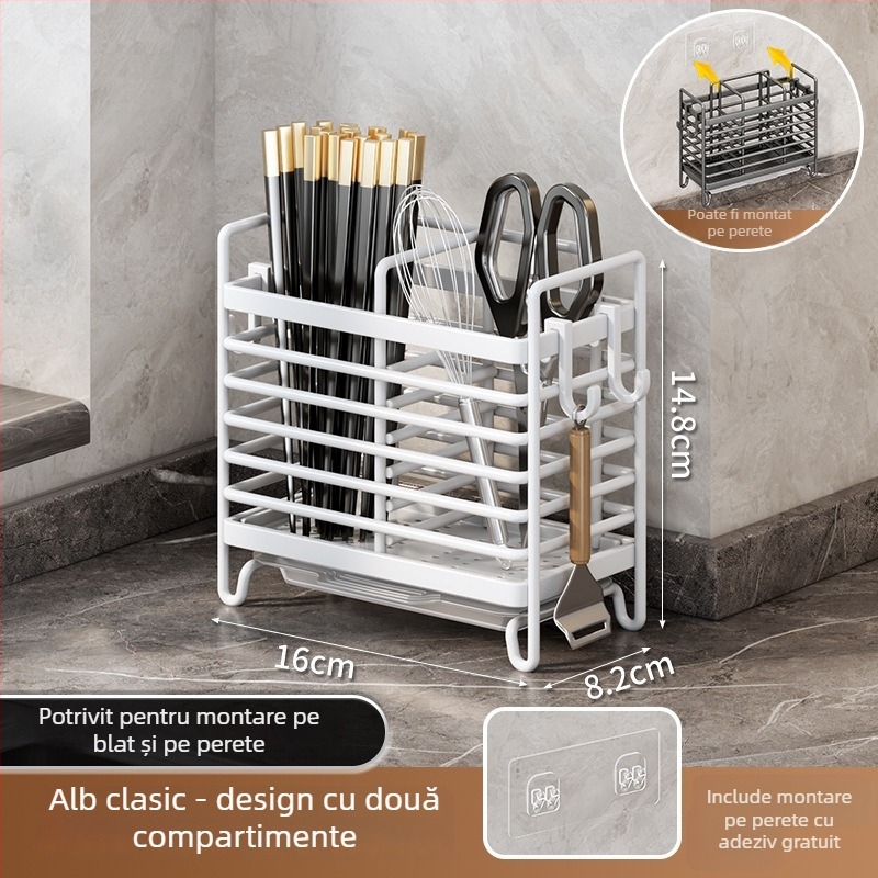 Cutie de depozitare pentru bețișoare și tacâmuri montată pe perete — ABS plastic, raft de drenaj bucătărie, organizator pentru bețișoare și linguri