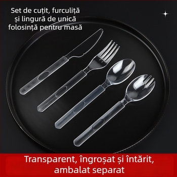 Set tacâmuri de plastic, o singură folosință, cu mâner lung, linguri, furci și cuțite în stil american, mai groase, ambalate individual, 100 de bucăți pe ambalaj