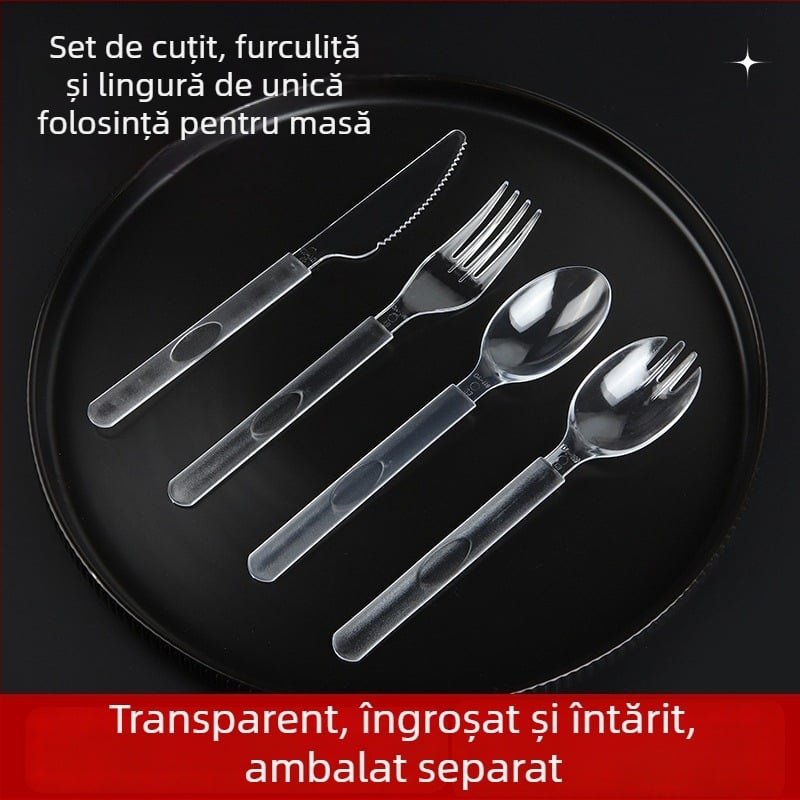 Set tacâmuri de plastic, o singură folosință, cu mâner lung, linguri, furci și cuțite în stil american, mai groase, ambalate individual, 100 de bucăți pe ambalaj