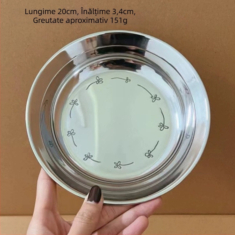 Farfurie din oțel inoxidabil 304, margine îngroșată anti-vărsare, circulară, cu model floral, stil modern minimalist