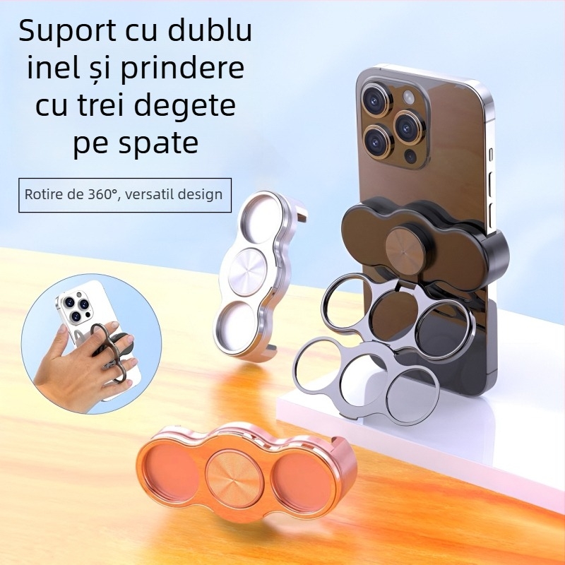 Suport pentru telefon cu inel, rotire de 360°, clemă posterioară, cadru metalic pliabil, antișoc
