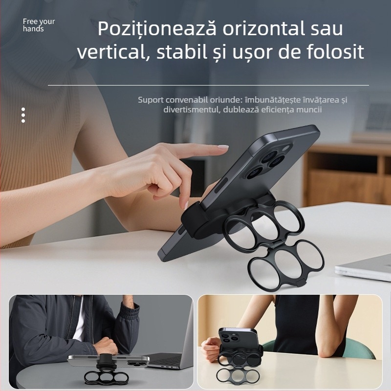 Suport pentru telefon cu inel, rotire de 360°, clemă posterioară, cadru metalic pliabil, antișoc