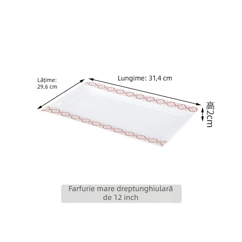Farfurie plată din porțelan, dreptunghiulară, cu dungile, glazură supraglazurată