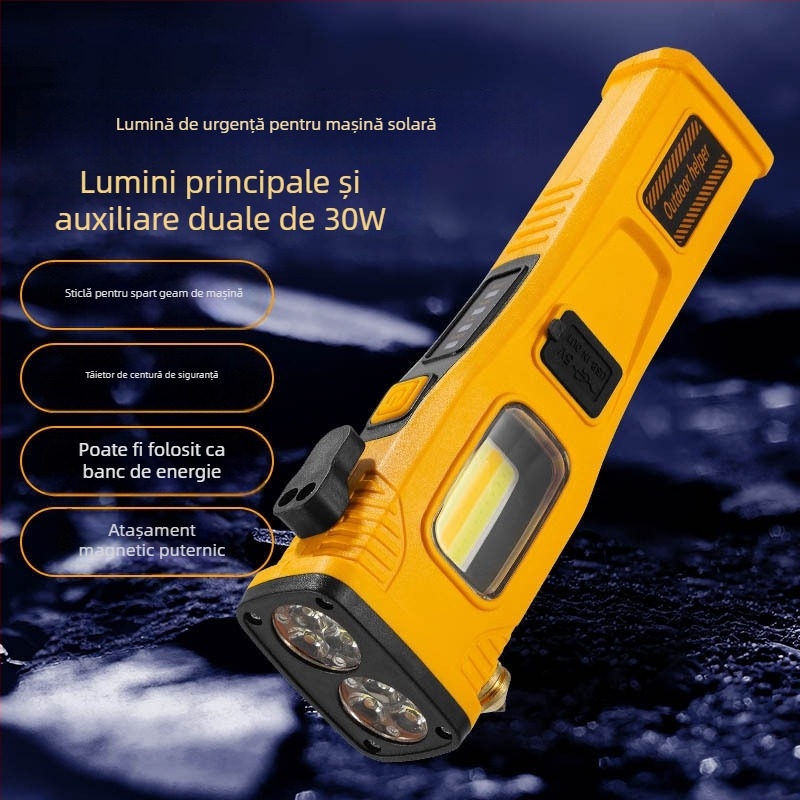 Lanternă de mașină cu ciocan de urgență și lampă de inspecție magnetică - model P5214, 1100 lm, 3,7 V, IP55, baterie 18650, reîncărcabilă