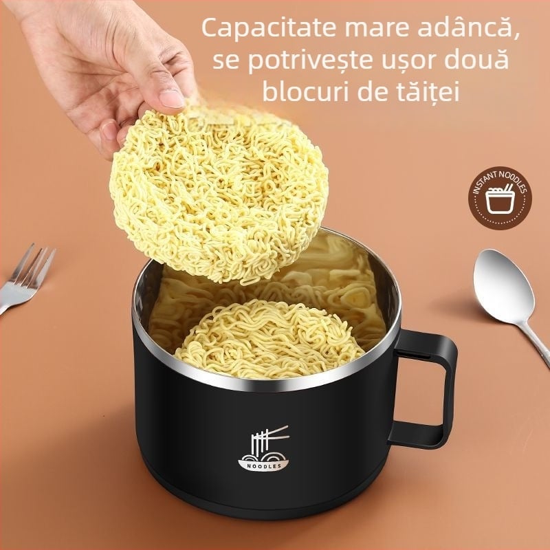 Vas din oțel inoxidabil cu drenaj pentru tăiței, stil simplu, potrivit pentru cămine și birou, nu este compatibil cu cuptorul cu microunde