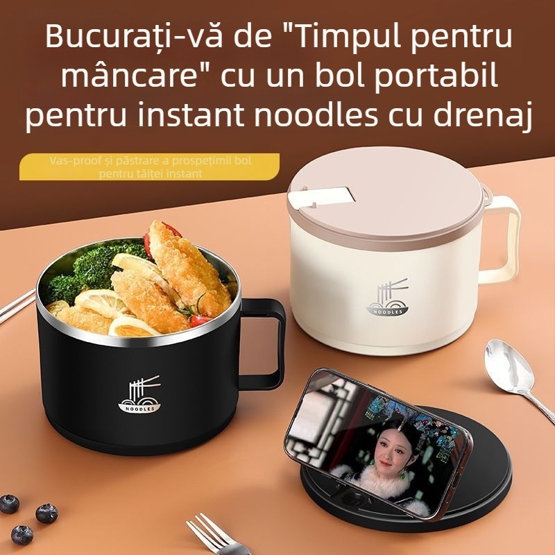 Vas din oțel inoxidabil cu drenaj pentru tăiței, stil simplu, potrivit pentru cămine și birou, nu este compatibil cu cuptorul cu microunde