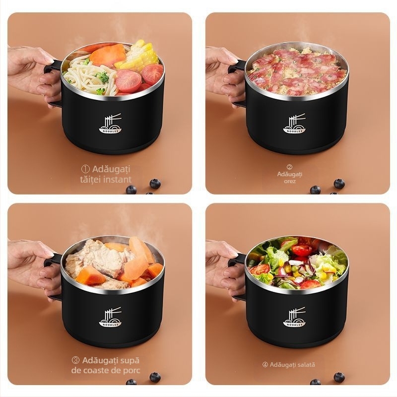 Vas din oțel inoxidabil cu drenaj pentru tăiței, stil simplu, potrivit pentru cămine și birou, nu este compatibil cu cuptorul cu microunde