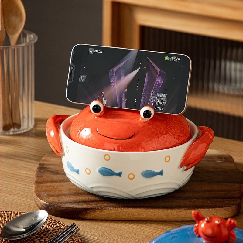 Bol ceramic pentru ramen, cu capac și suport pentru telefon, mânere duble, pentru mesele din cămin.
