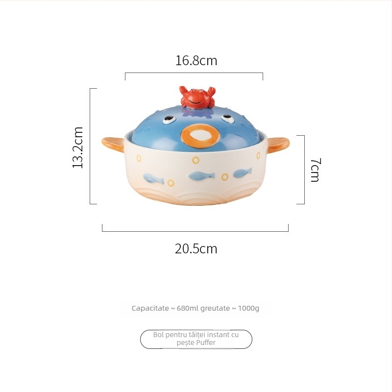 Bol ceramic pentru ramen, cu capac și suport pentru telefon, mânere duble, pentru mesele din cămin.