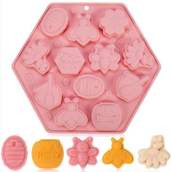Formă de ciocolată Good time, serie 12 cavități cu motiv floare de albină și recipient de miere, silicon alimentar, cod Jsc4252