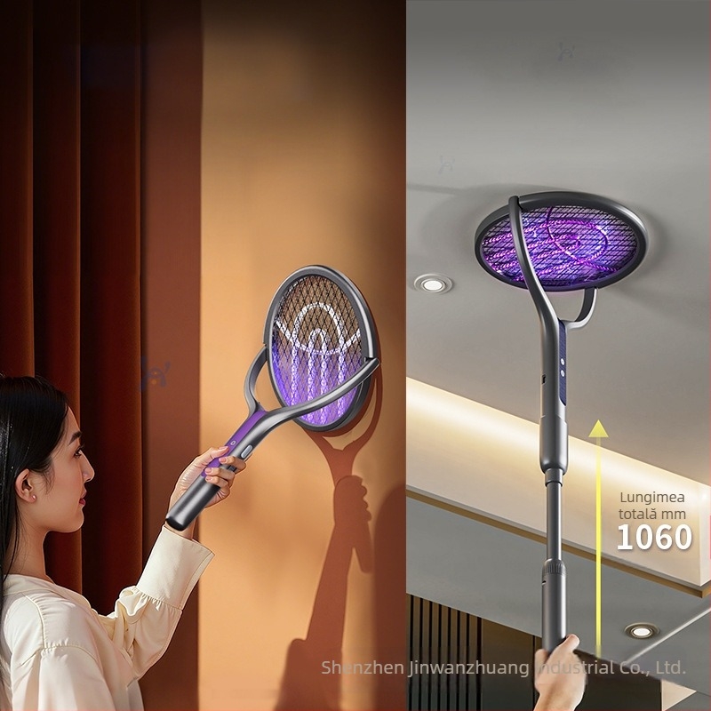 2-în-1 lampă electrică pentru eliminarea țânțarilor, cu tijă telescopică, încărcare USB, rotație 180°, plasă din aluminiu (lampă UV; baterie încorporată; acoperire până la 10 m²)