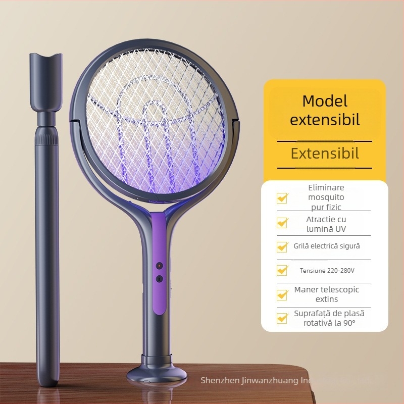 2-în-1 lampă electrică pentru eliminarea țânțarilor, cu tijă telescopică, încărcare USB, rotație 180°, plasă din aluminiu (lampă UV; baterie încorporată; acoperire până la 10 m²)