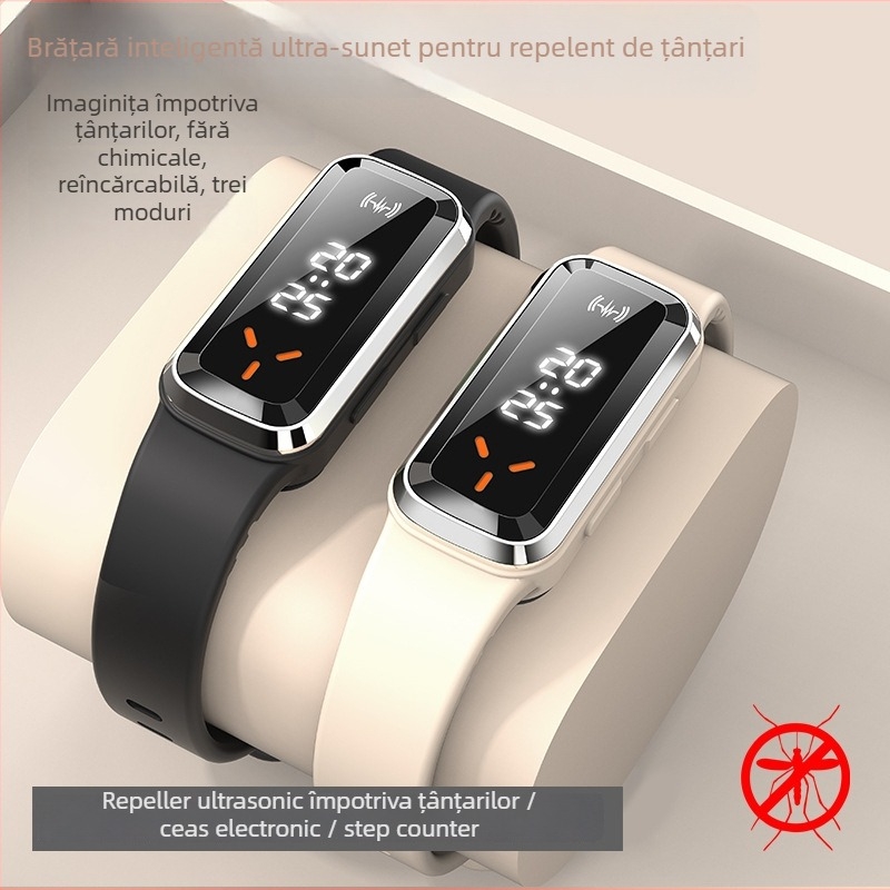 DIROSE Bratara cu ultrasunete pentru țânțari cu pedometru, baterie încorporată până la 500 mAh, acoperire de 10 m², Carcasă ABS